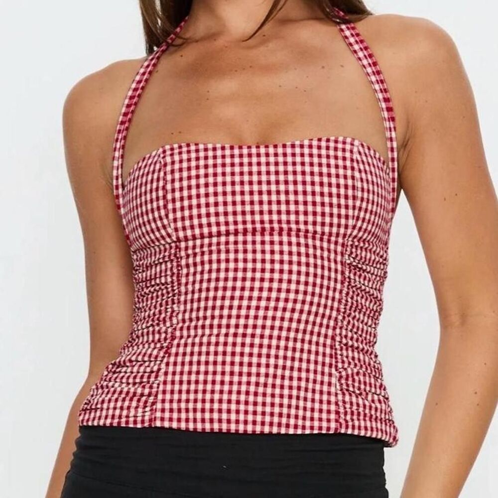 Princess Polly Red Gingham Halter Crop Top Ruched US 8
